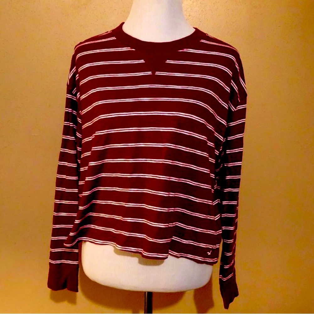 Hollister, burgundy and white striped long sleeve crop top